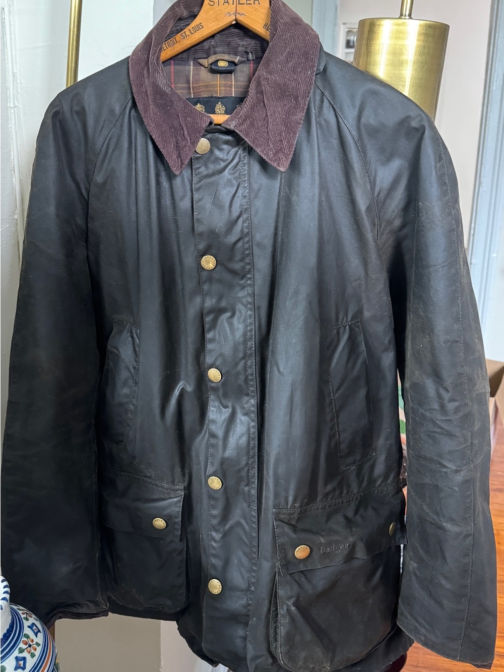 Barbour Ashby Wax Jacket Olive Men’s Medium M Waxed Cotton Corduroy Collar